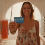 Betala smart på resan i Europa En leende person håller ett kreditkort redo för betalning i en solig semesterbutik.